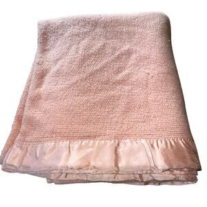 Vintage blanket pink waffle weave thermal blanket nylon satin bound edge 65x80”